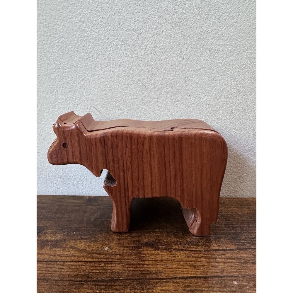 Vintage Handmade Wooden Cow Puzzle Box Secret Stash Trinket Case Farmhouse Decor